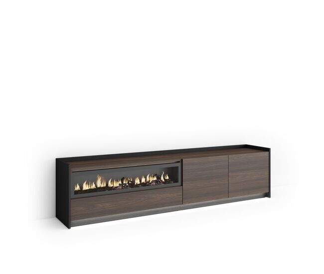 Mueble tv, televisión, muebles de salón, almacenaje, 207x37x50cm, para tv hasta 80", chimenea eléctrica, led, estilo moderno, roble oscuro y negro