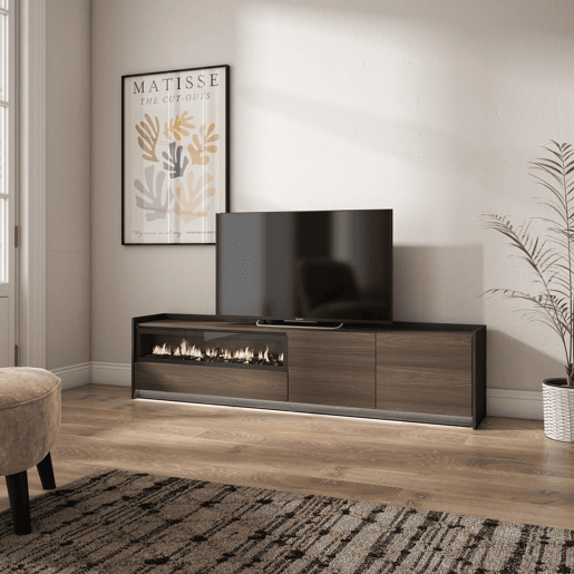 Móvel de TV, Muito espaço de arrumação, 207x37x50cm, Para televisores até 80, Lareira eléctrica, LED, Estilo moderno, Carvalho escuro e Preto