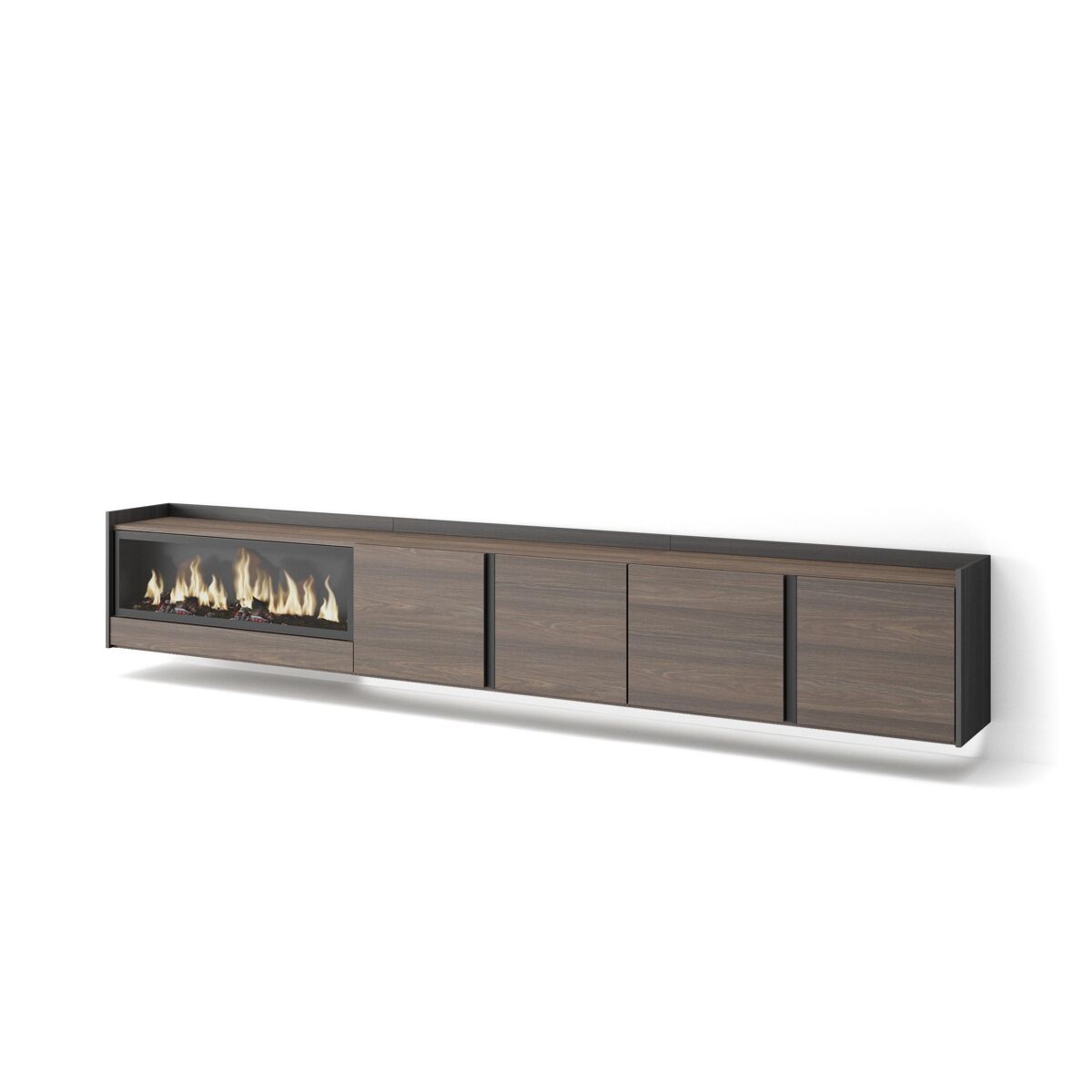 Mueble tv, televisión, muebles de salón, almacenaje, 315x35x50cm, para tv hasta 80", chimenea eléctrica xxl, colgado, suspendido, led, estilo moderno, roble oscuro y negro