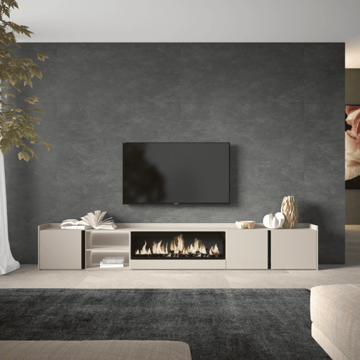 Móvel de TV, Muito espaço de arrumação, 315x35x50cm, Para televisores até 80, Lareira eléctrica XXL, LED, Estilo moderno, Bege