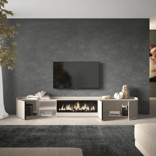 Móvel de TV, Muito espaço de arrumação, 315x35x50cm, Para televisores até 80, Lareira eléctrica XXL, LED, Estilo moderno, Bege