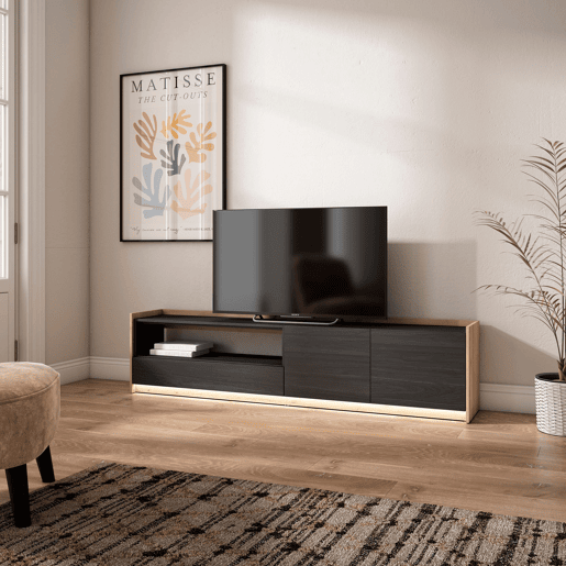 Móvel de TV, Muito espaço de arrumação, 207x37x50cm, Para televisores até 80, LED, Estilo moderno, Preto e Carvalho