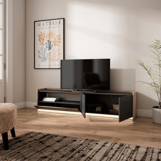 Móvel de TV, Muito espaço de arrumação, 207x37x50cm, Para televisores até 80, LED, Estilo moderno, Preto e Carvalho