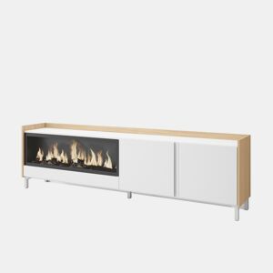Móvel de TV, Muito espaço de arrumação, 212x35x61cm, Para televisores até 80, Lareira eléctrica XXL, Design industrial, Estilo moderno, Branco e Carvalho soft