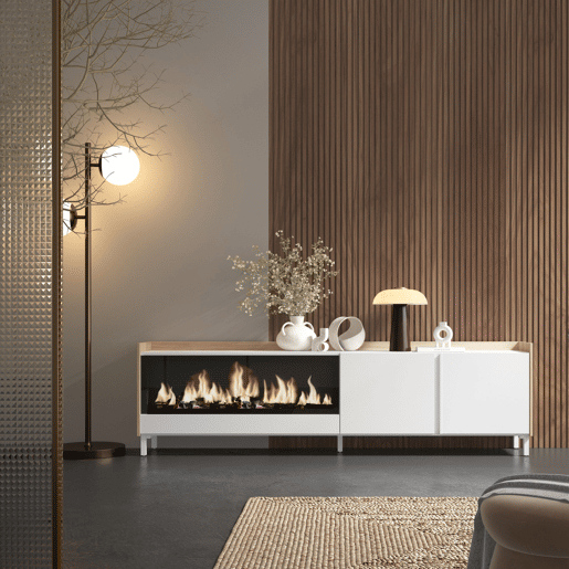 Móvel de TV, Muito espaço de arrumação, 212x35x61cm, Para televisores até 80, Lareira eléctrica XXL, Design industrial, Estilo moderno, Branco e Carvalho soft