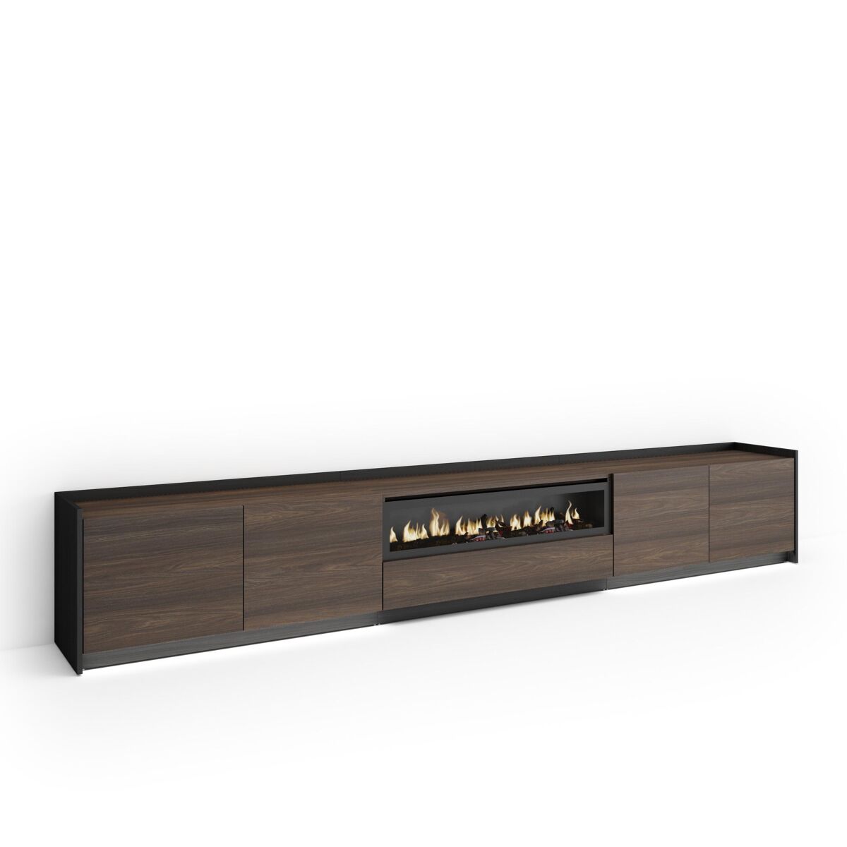 Mueble tv, televisión, muebles de salón, almacenaje, 310x37x50cm, para tv hasta 80", chimenea eléctrica, led, estilo moderno, roble oscuro y negro
