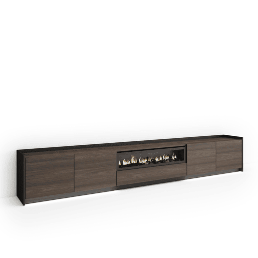Móvel de TV, Muito espaço de arrumação, 310x37x50cm, Para televisores até 80, Lareira eléctrica, LED, Estilo moderno, Carvalho escuro e Preto