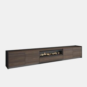 Móvel de TV, Muito espaço de arrumação, 310x37x50cm, Para televisores até 80, Lareira eléctrica, LED, Estilo moderno, Carvalho escuro e Preto