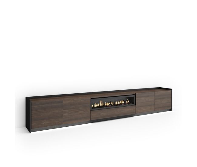 Mueble tv, televisión, muebles de salón, almacenaje, 310x37x50cm, para tv hasta 80", chimenea eléctrica, led, estilo moderno, roble oscuro y negro