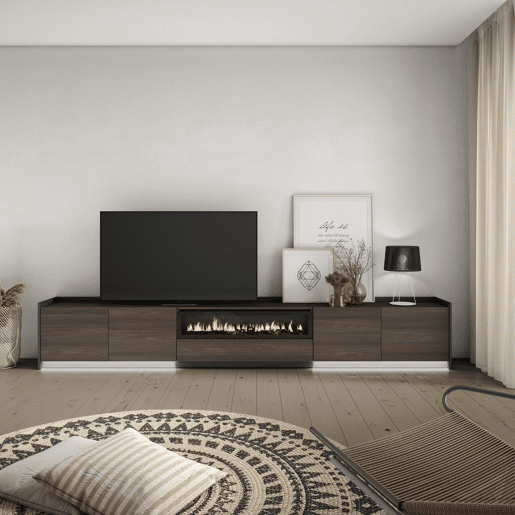 Móvel de TV, Muito espaço de arrumação, 310x37x50cm, Para televisores até 80, Lareira eléctrica, LED, Estilo moderno, Carvalho escuro e Preto