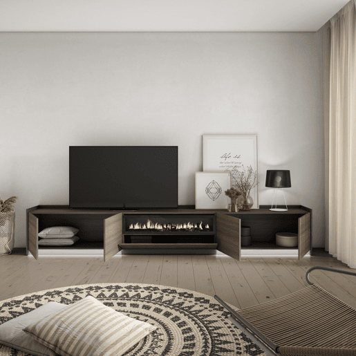 Móvel de TV, Muito espaço de arrumação, 310x37x50cm, Para televisores até 80, Lareira eléctrica, LED, Estilo moderno, Carvalho escuro e Preto