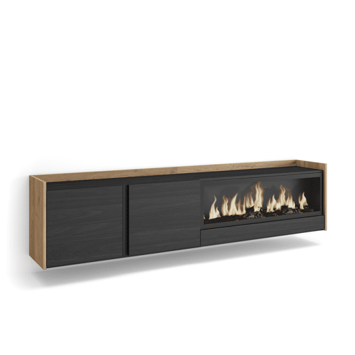 Móvel de TV, Muito espaço de arrumação, 212x35x50cm, Para televisores até 80, Lareira eléctrica XXL, Suspensos, Estilo moderno, Preto e Carvalho
