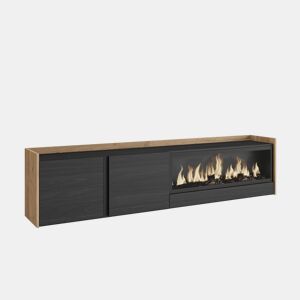 Móvel de TV, Muito espaço de arrumação, 212x35x50cm, Para televisores até 80, Lareira eléctrica XXL, Suspensos, Estilo moderno, Preto e Carvalho