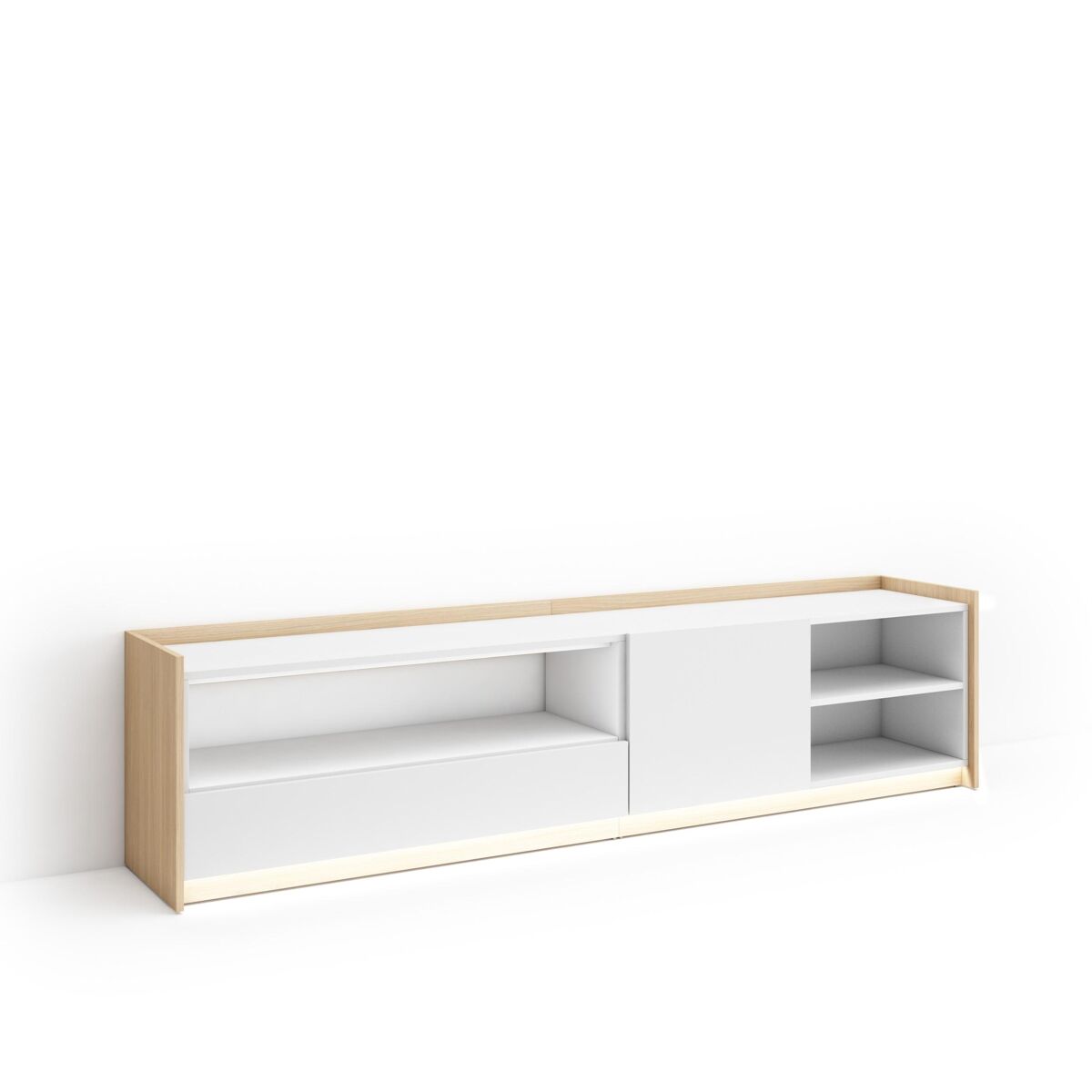 mueble tv television muebles de salon almacenaje 207x37x50cm para tv hasta 80 led estilo moderno blanco y roble soft