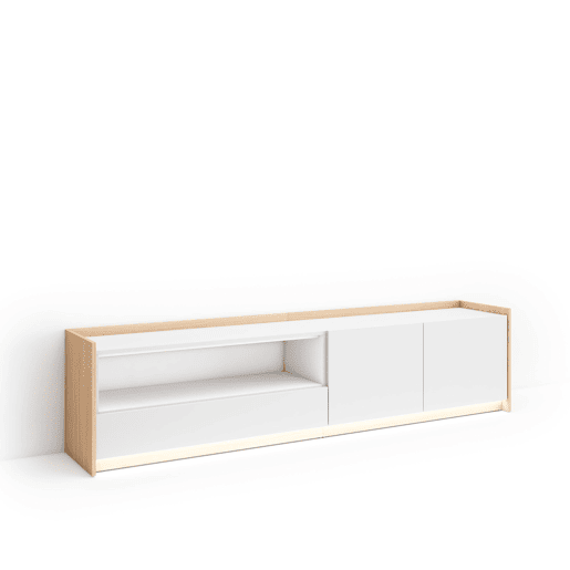 Móvel de TV, Muito espaço de arrumação, 207x37x50cm, Para televisores até 80, LED, Estilo moderno, Branco e Carvalho soft