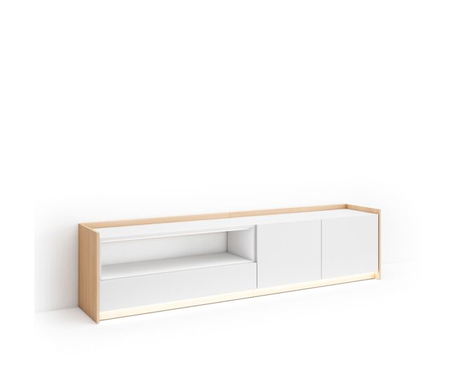 Mueble tv, televisión, muebles de salón, almacenaje, 207x37x50cm, para tv hasta 80", led, estilo moderno, blanco y roble soft