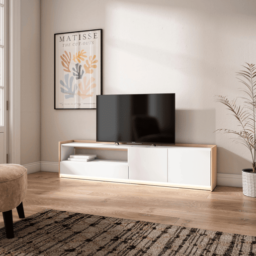 Móvel de TV, Muito espaço de arrumação, 207x37x50cm, Para televisores até 80, LED, Estilo moderno, Branco e Carvalho soft