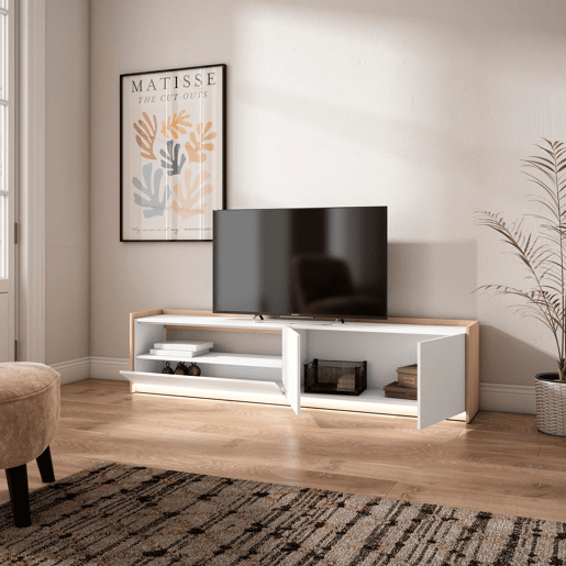 Móvel de TV, Muito espaço de arrumação, 207x37x50cm, Para televisores até 80, LED, Estilo moderno, Branco e Carvalho soft