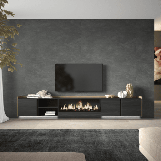 Móvel de TV, Muito espaço de arrumação, 315x35x50cm, Para televisores até 80, Lareira eléctrica XXL, Suspensos, LED, Estilo moderno, Preto e Carvalho