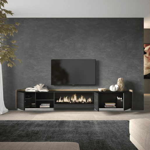 Móvel de TV, Muito espaço de arrumação, 315x35x50cm, Para televisores até 80, Lareira eléctrica XXL, Suspensos, LED, Estilo moderno, Preto e Carvalho