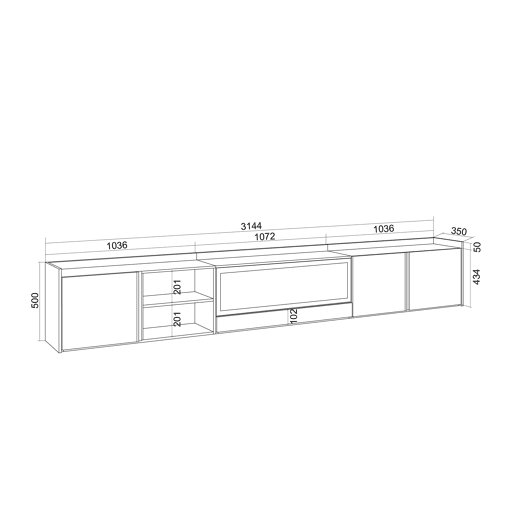 Móvel de TV, Muito espaço de arrumação, 315x35x50cm, Para televisores até 80, Lareira eléctrica XXL, Suspensos, LED, Estilo moderno, Preto e Carvalho
