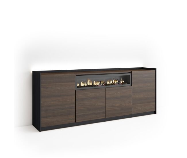 Aparador para salón, gran capacidad de almacenaje, 207x37x80cm, 4 puertas, chimenea eléctrica, led, estilo moderno, roble oscuro y negro