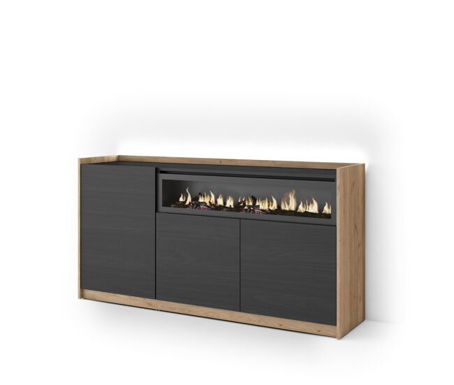Aparador para salón, gran capacidad de almacenaje, 156x37x80cm, 3 puertas, chimenea eléctrica, led, estilo moderno, negro y roble