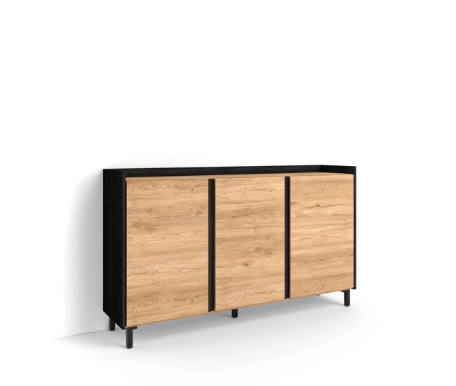 Aparador para salón, gran capacidad de almacenaje, 156x35x91cm, 3 puertas, diseño industrial, estilo moderno, roble y negro