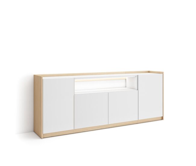 Aparador para salón, gran capacidad de almacenaje, 207x37x80cm, 4 puertas, led, estilo moderno, blanco y roble soft