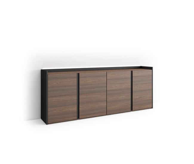 Aparador para salón, gran capacidad de almacenaje, 207x35x80cm, 4 puertas, led, estilo moderno, roble oscuro y negro