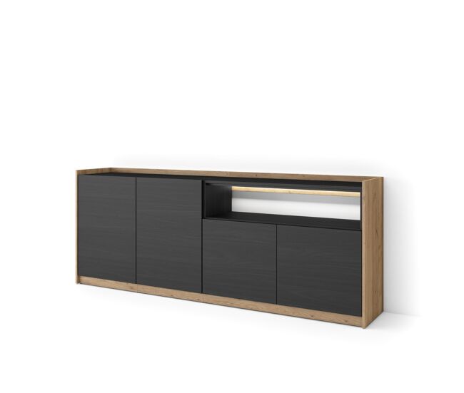 Aparador para salón, gran capacidad de almacenaje, 207x37x80cm, 4 puertas, led, estilo moderno, negro y roble
