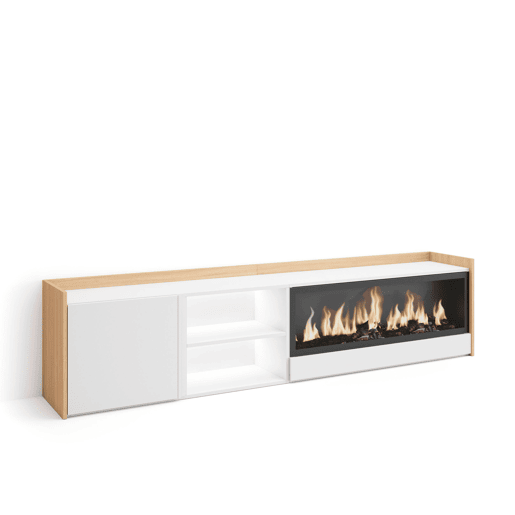Móvel de TV, Muito espaço de arrumação, 212x35x50cm, Para televisores até 80, Lareira eléctrica XXL, LED, Estilo moderno, Branco e Carvalho soft Móvel de TV, Muito espaço de arrumação, 212x35x50cm, Para televisores até 80, Lareira eléctrica XXL, LED, Estilo moderno, Branco e Carvalho soft