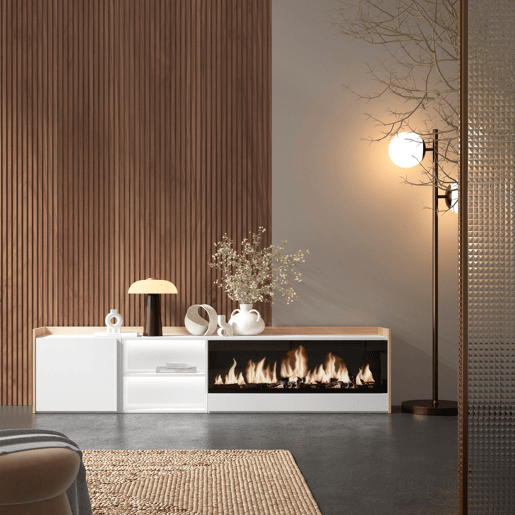 Móvel de TV, Muito espaço de arrumação, 212x35x50cm, Para televisores até 80, Lareira eléctrica XXL, LED, Estilo moderno, Branco e Carvalho soft Móvel de TV, Muito espaço de arrumação, 212x35x50cm, Para televisores até 80, Lareira eléctrica XXL, LED, Estilo moderno, Branco e Carvalho soft
