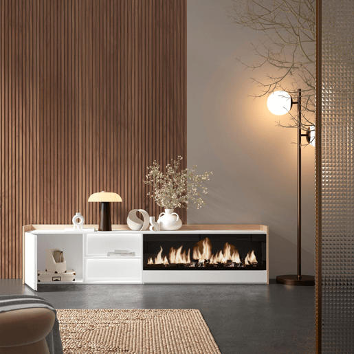 Móvel de TV, Muito espaço de arrumação, 212x35x50cm, Para televisores até 80, Lareira eléctrica XXL, LED, Estilo moderno, Branco e Carvalho soft Móvel de TV, Muito espaço de arrumação, 212x35x50cm, Para televisores até 80, Lareira eléctrica XXL, LED, Estilo moderno, Branco e Carvalho soft