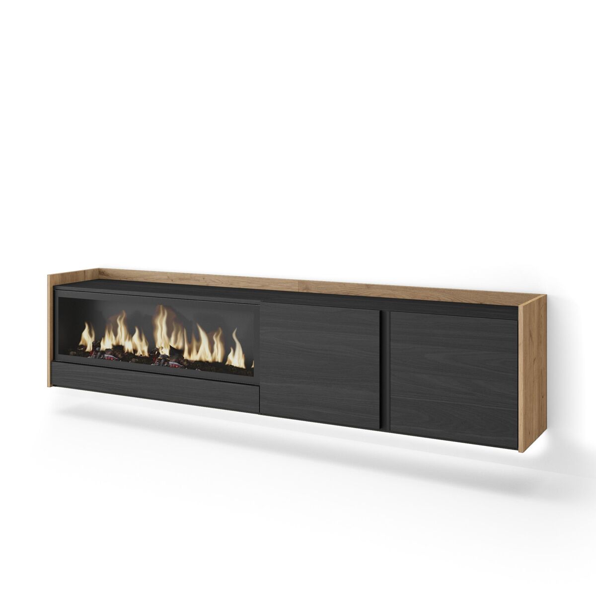 mueble tv television muebles de salon almacenaje 212x35x50cm para tv hasta 80 chimenea electrica xxl colgado suspendido led estilo moderno negro y roble