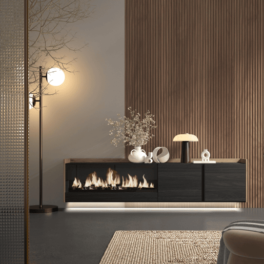 Móvel de TV, Muito espaço de arrumação, 212x35x50cm, Para televisores até 80, Lareira eléctrica XXL, Suspensos, LED, Estilo moderno, Preto e Carvalho
