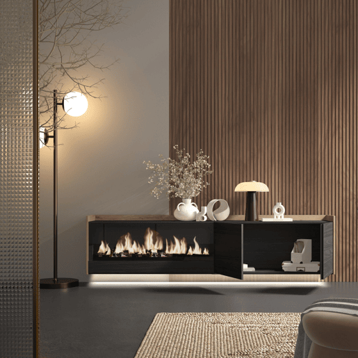 Móvel de TV, Muito espaço de arrumação, 212x35x50cm, Para televisores até 80, Lareira eléctrica XXL, Suspensos, LED, Estilo moderno, Preto e Carvalho