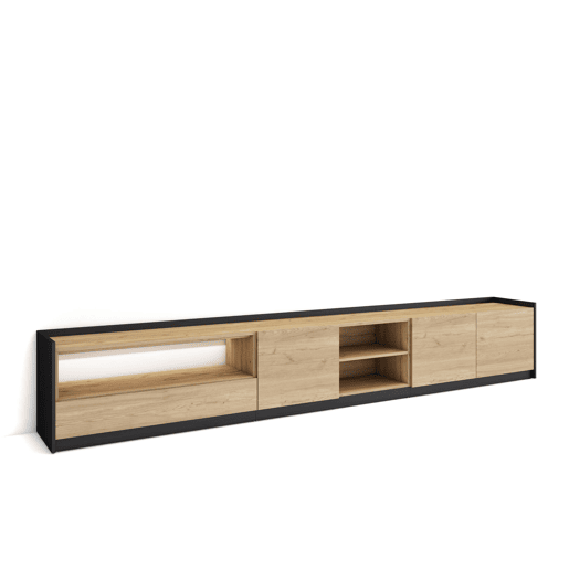 Móvel de TV, Muito espaço de arrumação, 310x37x50cm, Para televisores até 80, LED, Estilo moderno, Carvalho e preto