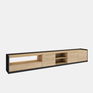 Móvel de TV, Muito espaço de arrumação, 310x37x50cm, Para televisores até 80, LED, Estilo moderno, Carvalho e preto