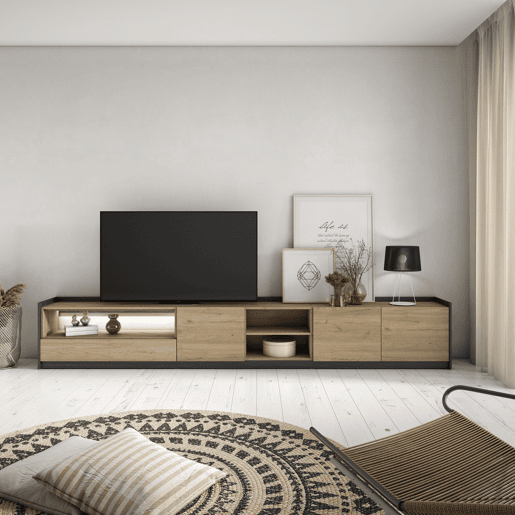 Móvel de TV, Muito espaço de arrumação, 310x37x50cm, Para televisores até 80, LED, Estilo moderno, Carvalho e preto