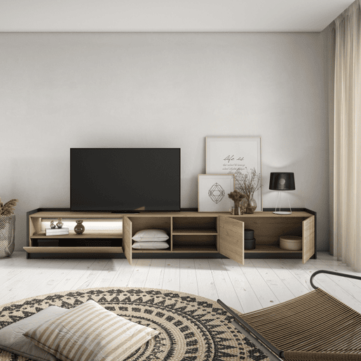 Móvel de TV, Muito espaço de arrumação, 310x37x50cm, Para televisores até 80, LED, Estilo moderno, Carvalho e preto