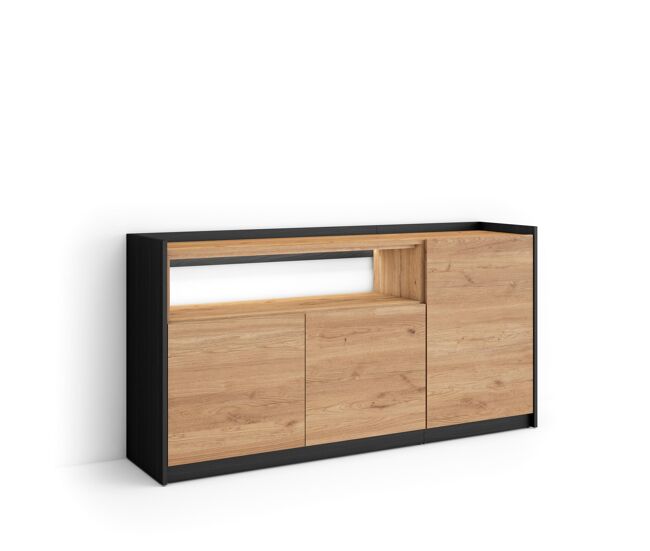 Aparador para salón, gran capacidad de almacenaje, 156x37x80cm, 3 puertas, led, estilo moderno, roble y negro