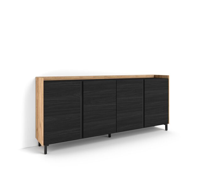Aparador para salón, gran capacidad de almacenaje, 207x35x91cm, 4 puertas, diseño industrial, estilo moderno, negro y roble