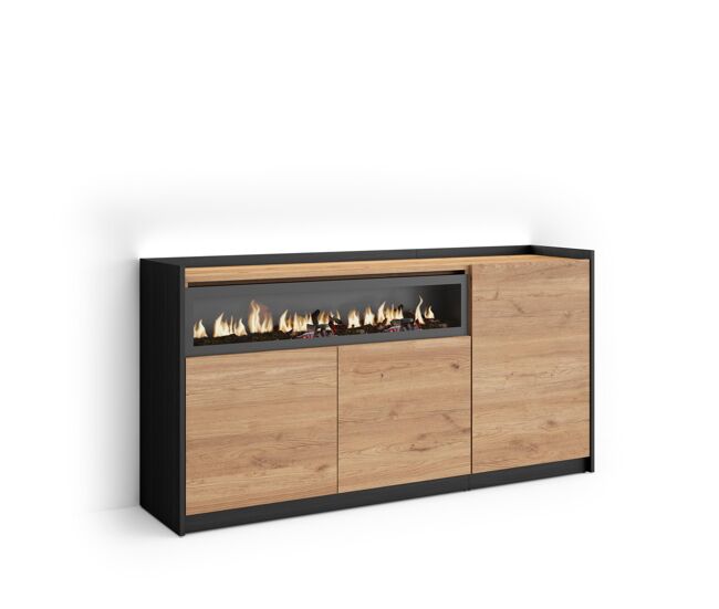 Aparador para salón, gran capacidad de almacenaje, 156x37x80cm, 3 puertas, chimenea eléctrica, led, estilo moderno, roble y negro