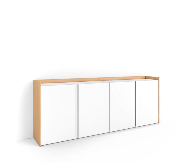Aparador para salón, gran capacidad de almacenaje, 207x35x80cm, 4 puertas, armario, zapatero, estilo moderno, blanco y roble soft