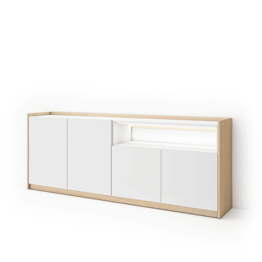 Aparador sala de jantar, Sala, Cozinha, Entrada, TV, 207x37x80cm, 4 Portas, LED, Estilo moderno, Branco e Carvalho soft Aparador sala de jantar, Sala, Cozinha, Entrada, TV, 207x37x80cm, 4 Portas, LED, Estilo moderno, Branco e Carvalho soft