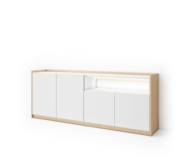 Aparador para salón, gran capacidad de almacenaje, 207x37x80cm, 4 puertas, led, estilo moderno, blanco y roble soft