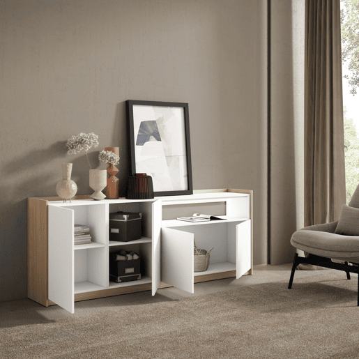Aparador sala de jantar, Sala, Cozinha, Entrada, TV, 207x37x80cm, 4 Portas, LED, Estilo moderno, Branco e Carvalho soft Aparador sala de jantar, Sala, Cozinha, Entrada, TV, 207x37x80cm, 4 Portas, LED, Estilo moderno, Branco e Carvalho soft