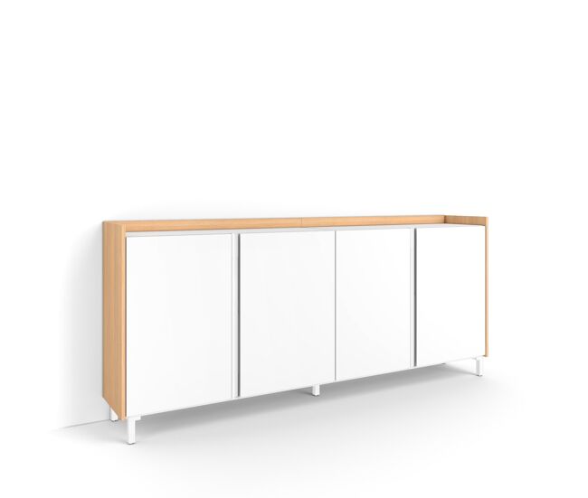 Aparador para salón, gran capacidad de almacenaje, 207x35x91cm, 4 puertas, diseño industrial, estilo moderno, blanco y roble soft