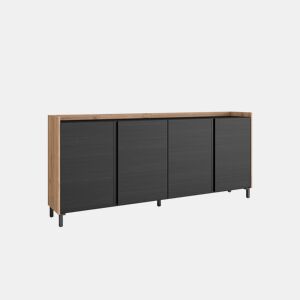 Aparador sala de jantar, Sala, Cozinha, Entrada, TV, 207x35x91cm, 4 Portas, Design industrial, LED, Estilo moderno, Preto e Carvalho